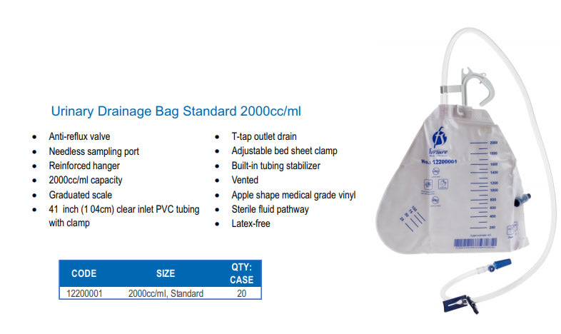 1 Urine Urinary Drainage Bag 2000 ml Antireflux Valve Vented T-Tap Outlet Drain
