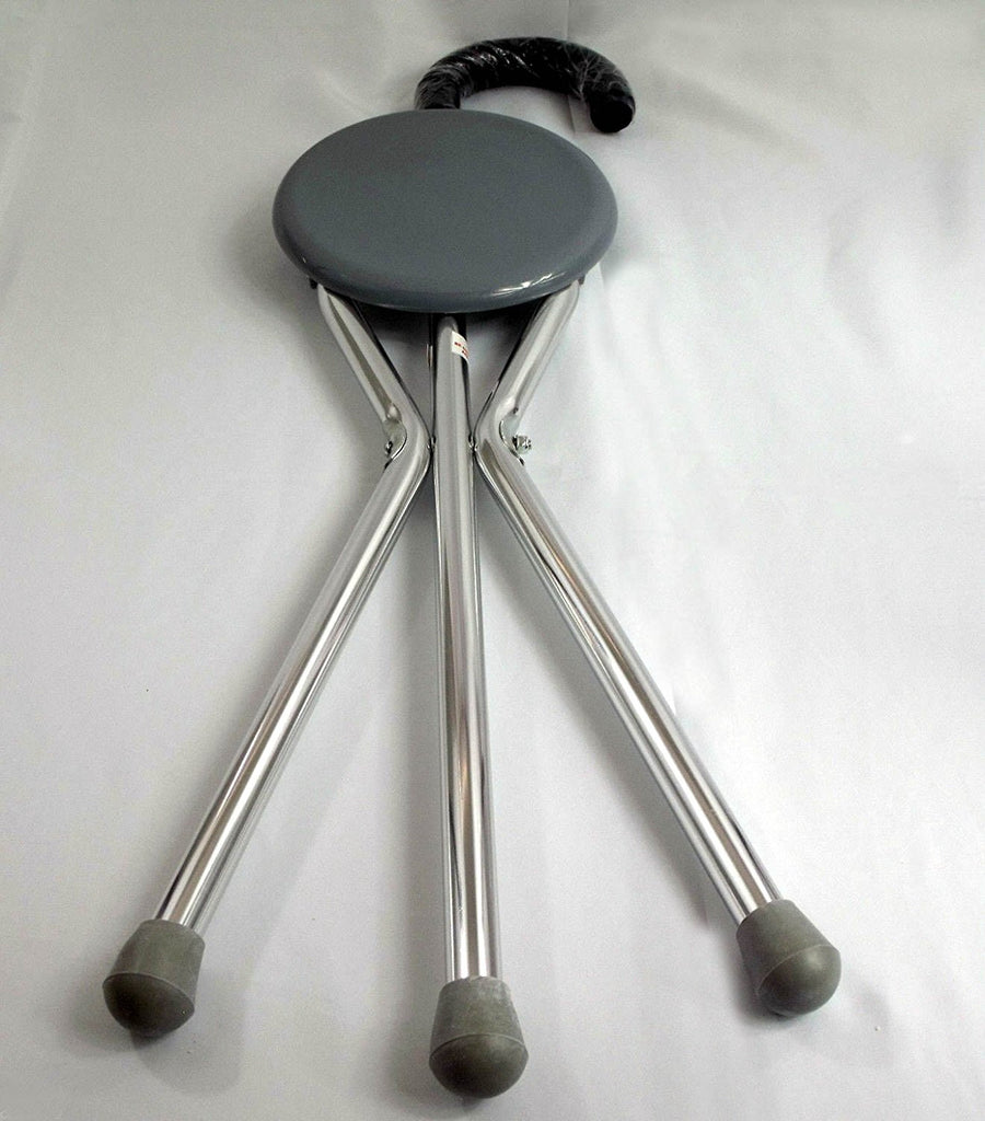 Cane Walking Stick Seat Folding Portable Travel Camp Stool Chair Silver 250 Pound