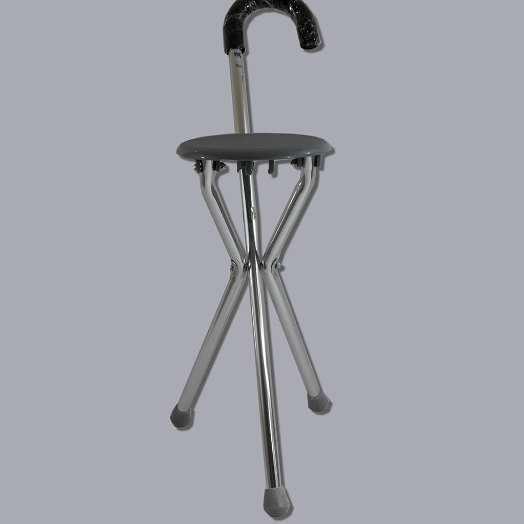 Cane Walking Stick Seat Folding Portable Travel Camp Stool Chair Silver 250 Pound